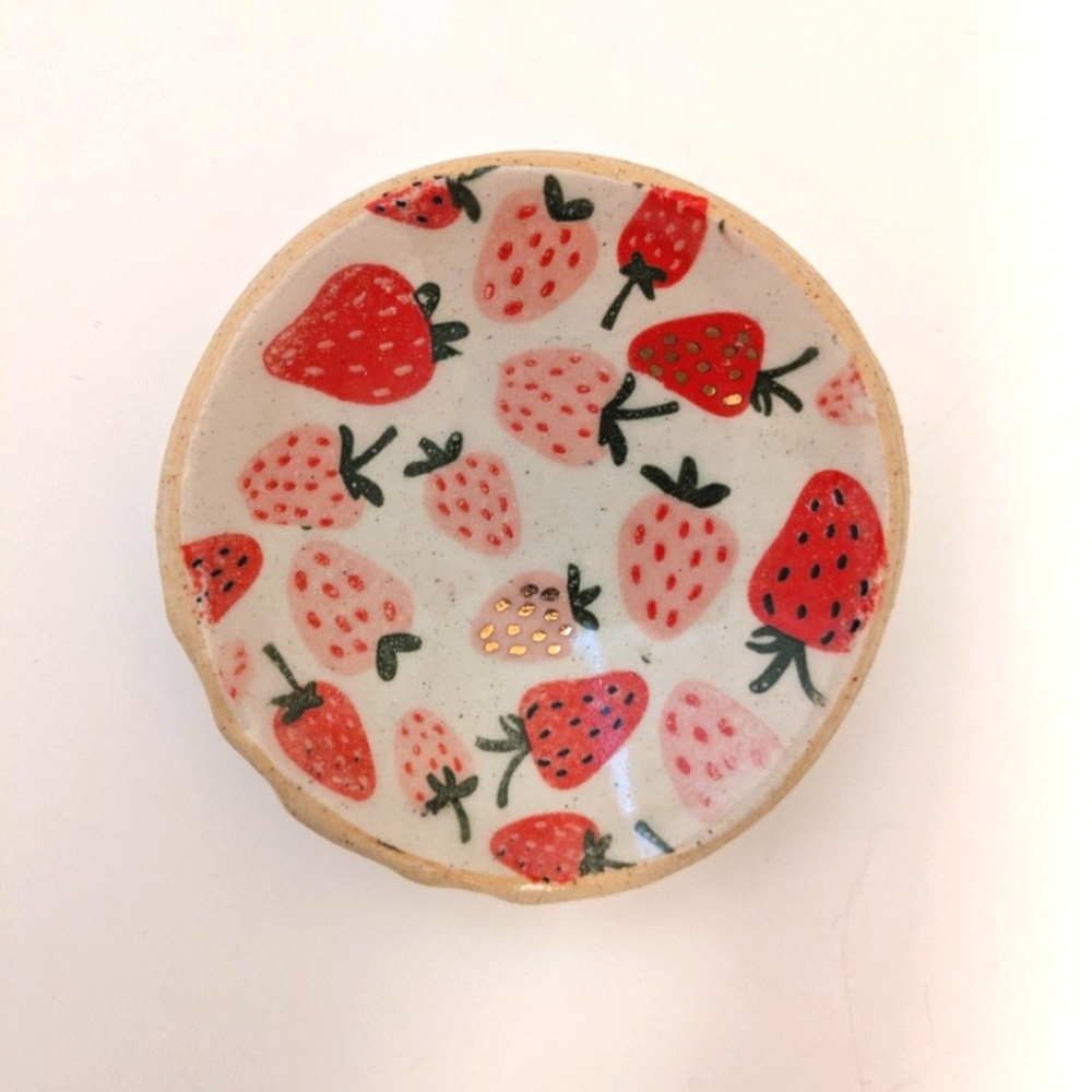 Handmade Ceramic Strawberry Painted Gold Sparkle Ring Trinket Dish